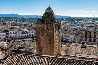 Panoramic view of the monumental city of Trujillo with the stone church towers on the rooftops, Spain. clipart