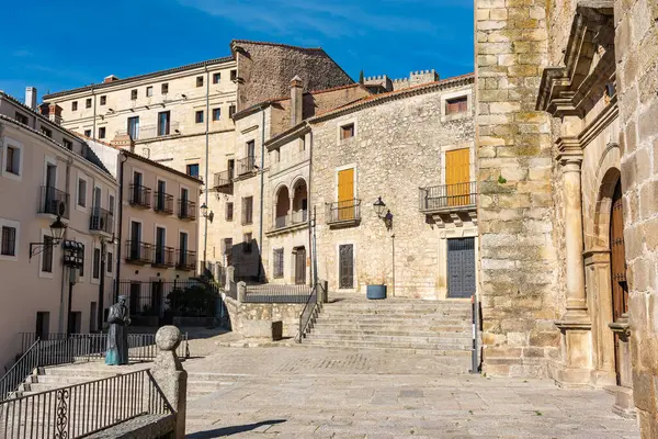 stock image Medieval houses in the old town of the city of Trujillo next to the main square, Spain.