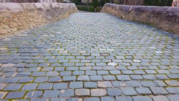 Roman Stone Bridge Crosses River Front Medieval Church Aranda Duero — Stock Video