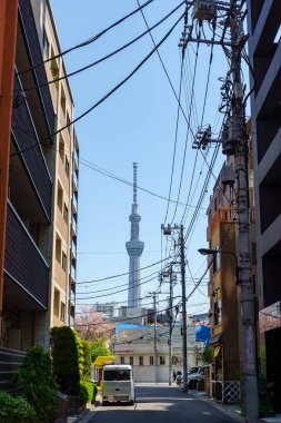 Tokyo, Japonya sokaklarındaki binalar arasında bir çok elektrik hattı kesişiyor.