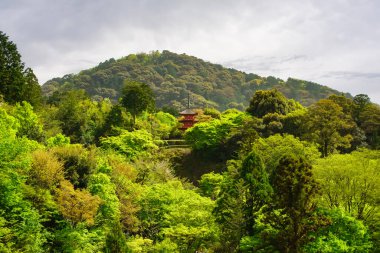 Güzel bahar manzarası ve Kiyomizu Tapınağı 'nın bulunduğu dağlar, Kyoto.