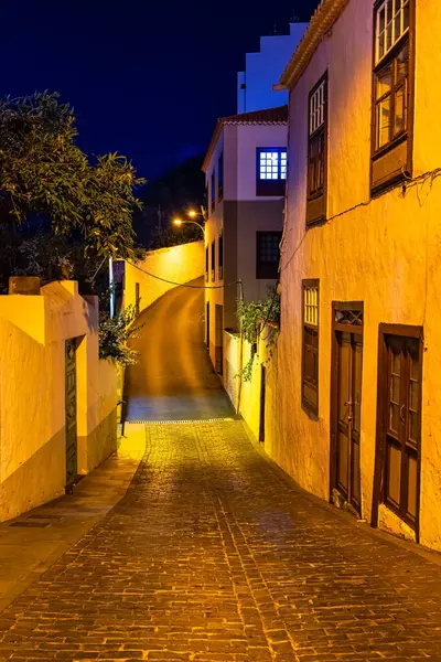 Gece sokak lambalarıyla aydınlatılmış dar ve dik bir sokak. Santa Cruz, La Palma.