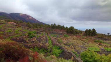 İspanya 'nın Kanarya Adaları' ndaki La Palma Adası yakınlarındaki kasabaların evlerinin yanındaki Cumbre Vieja volkanı krateri.