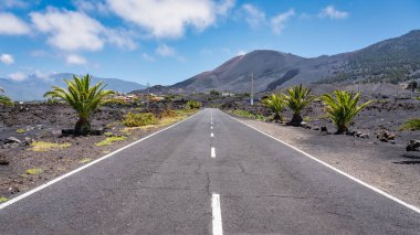 Volkanik bir arazide, arka planda Cumbre Vieja volkanı, La Palma Adası, Kanarya Adaları 'nın içinden geçen yol.
