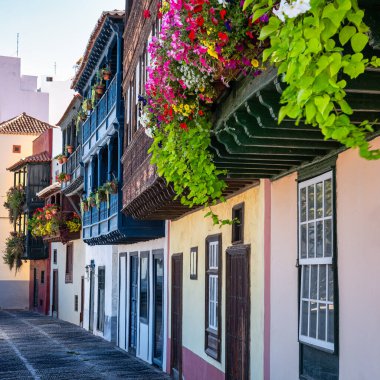 Kanarya Adaları 'ndaki La Palma adasının güvertesinde çiçek açan bitkilerin asılı olduğu tahta balkonlar.