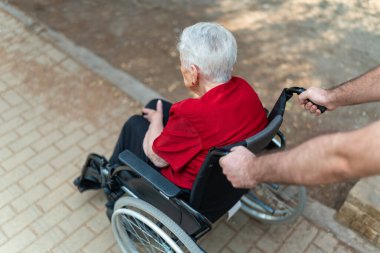 Beyaz saçlı yaşlı bir kadının, parkta yürürken tekerlekli sandalyede oturmasının en güzel görüntüsü..