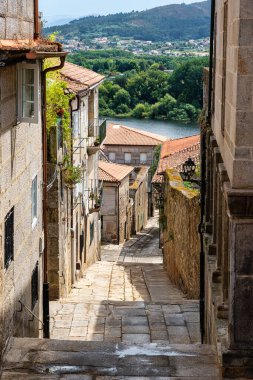 Galiçya 'nın eski kenti Tui' den Mino Nehri ile yeşil manzara