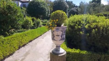 Pazo de Oca sarayının Fransız tarzı bahçesinde harika bir patika, Galiçya, İspanya