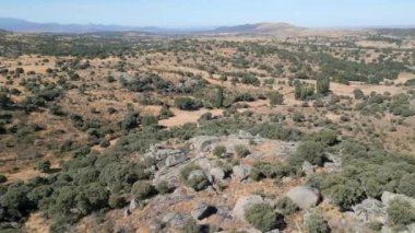 Castilla Leon, Avila, İspanya dağlarında büyük kayalıkların ve meşe ağaçlarının manzarası.