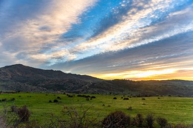 Altın bulutlar gün batımında Guadarrama Ulusal Parkı 'nda, Madrid' de