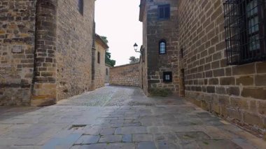 Endülüs 'ün dünya mirası Baeza' nın ortaçağ katedralinin yanındaki taş evlerle dar sokaklar.