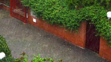 Madrid 'e sağanak yağmur yağıyor. Kaldırımdan büyük yağmur damlaları yükseliyor..