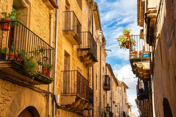 Teruel, Matarrana, Aragon 'da güzel taş balkonlar, tencereli metal ızgaralar ve çiçekli bitkiler.