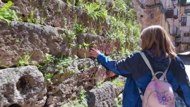 Ortaçağ 'ın Beceite köyü Teruel' in taş duvarlarından çıkan bitkilere dokunan turist kadın.