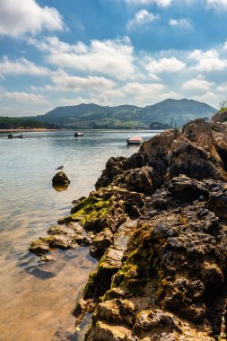 İspanya 'nın Cantabria kentindeki Mogro nehrinin kıyısında kaya oluşumları