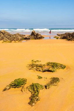 Uzaktaki kadın, altın kum ve kayalardan oluşmuş ıssız kumsalda geziniyor, Liencres, Cantabria