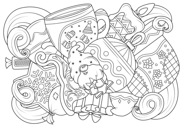 Doodle Coloring Children Theme Christmas Gnome Middle Funny Elements New — Stock Vector