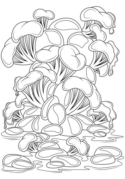 Феи грибы на камнях. Векторная иллюстрация детской раскраски