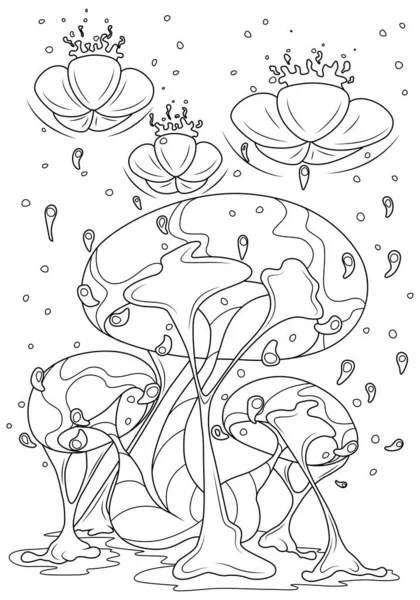 Fairy Mushrooms Slime Rising Drops Vector Illustration Children Coloring Book — Stock Vector