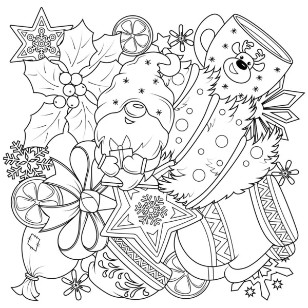 Doodle Libro Colorare Sul Tema Del Natale Elementi Divertenti Vacanze — Vettoriale Stock