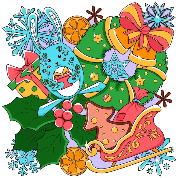 Carino Natale Capodanno Elementi Design Sfondo Natalizio Illustrazione Vettoriale Biglietto — Vettoriale Stock