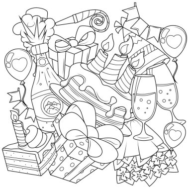 Doğum günü Doodle boyama sayfası. Çizgi film tarzında komik parti unsurları. Vektör illüstrasyonu