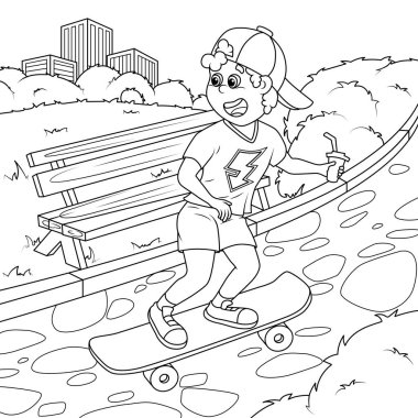 Oğlan parkta bir kaykay sürüyor. Çocuklar için boyama kitabı. Vektör illüstrasyonu