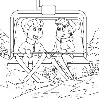 Oğlan ve kız dağlarda kayak asansöründe. Çocuklar için boyama kitabı. vektör illüstrasyonu