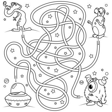 Puzzle for children. Labyrinth. Coloring the contour of the road in space by which you need to determine whose flying saucer it is. Coloring book for children.