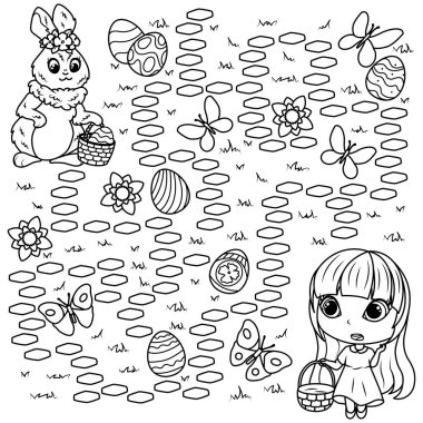 Çocuklar için bulmaca. Labirent. Kızı Paskalya Tavşanı 'na götürmen gereken labirentin ana hatlarını boyuyorsun. Çocuklar için boyama kitabı.