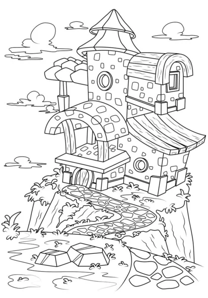 Раскраска Детей Дом Фей Краю Обрыва Задача Детей Использована Книге — стоковый вектор