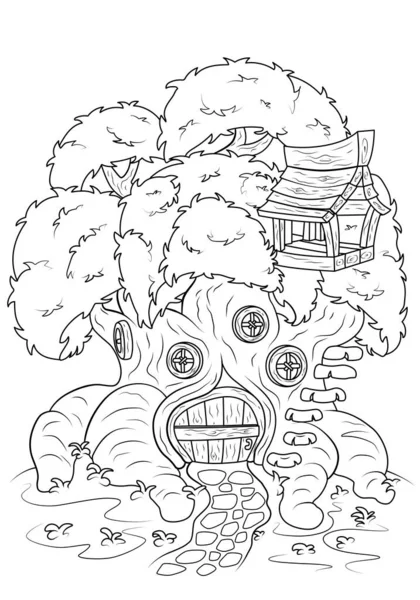 Раскраска Детей Дом Фей Стволе Дерева Задача Детей Использована Книге — стоковый вектор