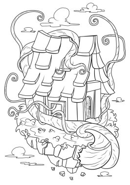 Coloring book for children. Fairy house on a flying island with a huge spooky plant. The task for children can be used in a book or magazine.