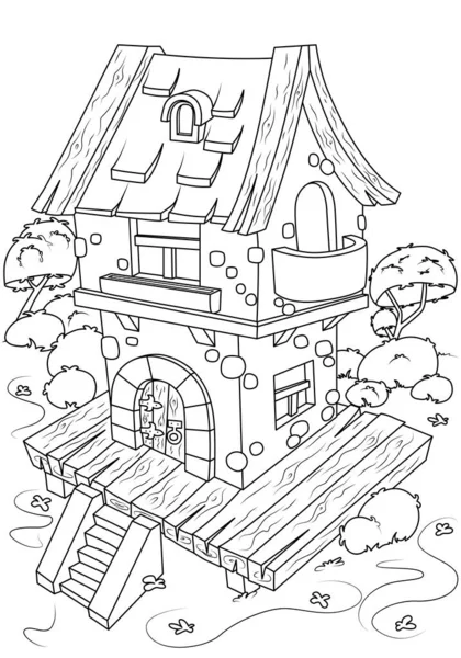 Раскраска Детей Двухэтажный Дом Камня Задача Детей Использована Книге Журнале — стоковый вектор