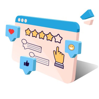 Müşteri hizmetleri. Geri bildirim. Reytingleri, yorumları ve ifadeleri olan bir bilgisayar ekranının 3 boyutlu modeli. Beyaz arkaplanda vektör grafikleri