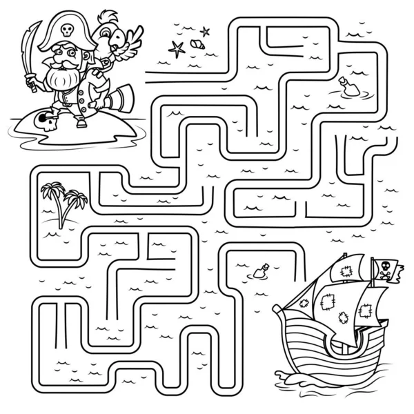 stock vector Puzzle for children. Labyrinth. Coloring the outline of the labyrinth in which you need to help the pirate find his way to the ship. Coloring book for kids.