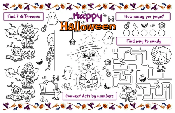 Servilleta Festiva Para Niños Imprime Feliz Halloween Con Laberinto Conecta — Vector de stock