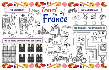Çocuklar için eğlenceli bir tatil peçetesi. Fransa 'ya Seyahat halısını labirentle yazdır, farklılıkları bul ve aynılarını bul. 17x11 inç yazdırılabilir vektör dosyası