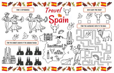 A fun holiday napkin for kids. Print out the Travel to Spain rug with a labyrinth, find the differences, and find the same ones. 17x11 inch printable vector file