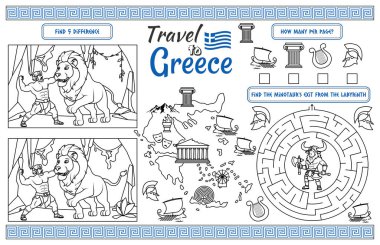 Çocuklar için eğlenceli bir tatil peçetesi. Yunanistan 'a Seyahat halısını labirentle yazdır, farklılıkları bul ve aynılarını bul. 17x11 inç yazdırılabilir vektör dosyası