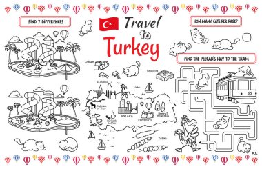 Çocuklar için eğlenceli bir yer. Türkiye 'ye Seyahat faaliyet tablosunu labirentle basıp, farklılıkları bulup, aynısını bulabilirsiniz. 17x11 inç yazdırılabilir vektör dosyası