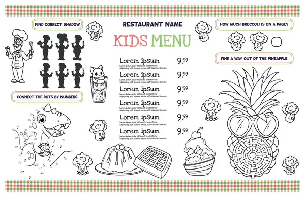 レストランやカフェの子供向けのテンプレートメニュー 子供のための興味深いタスクを持つ図 17X11インチ印刷可能なベクターファイル — ストックベクタ