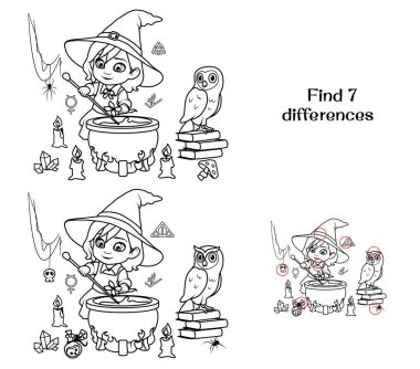 Küçük cadı bir iksir hazırlıyor. 7 farklılık bul. Çocuklar için görevler. Vektör illüstrasyonu