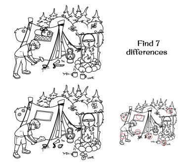 Bir çocuk ormanda bir çadır kurdu. 7 farklılık bul. Çocuklar için görevler. Vektör illüstrasyonu