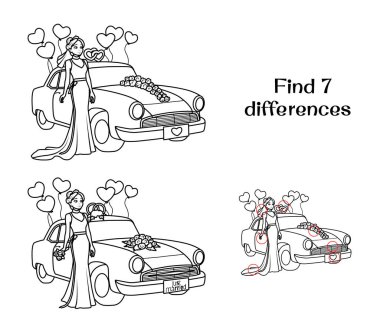 Gelin, düğün arabasının yanında. 7 farklılık bul. Çocuklar için görevler. Vektör illüstrasyonu