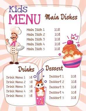 Çocuklar ana yemek, tatlı ve içecekler için bir sayfalık menü. Pastel renklerde çizgi film biçimi