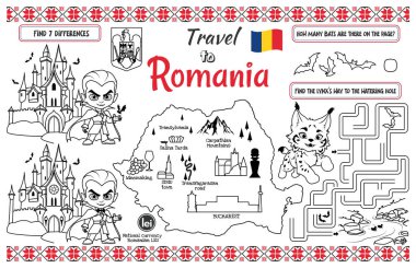 Çocuklar için eğlenceli bir yer. Bir labirentle Romanya 'ya yapılan basılı seyahat ve farklılıklar. 17x11 inç yazdırılabilir vektör dosyası