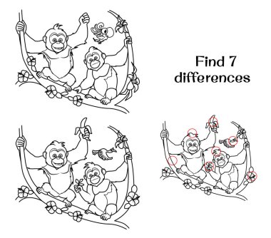 İki şempanze sarmaşıkların üzerinde oturuyor. 7 farklılık bul. Çocuklar için görevler. Vektör illüstrasyonu