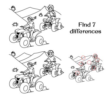 Erkek ve kız çölde dört tekerli bisiklete biniyor. 7 farklılık bul. Çocuklar için görevler. Vektör illüstrasyonu