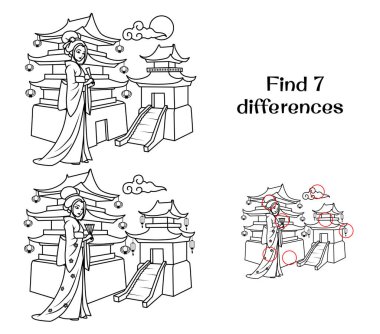 Geyşa Japon binasının yanında duruyor. 7 farklılık bul. Çocuklar için görevler. Vektör illüstrasyonu